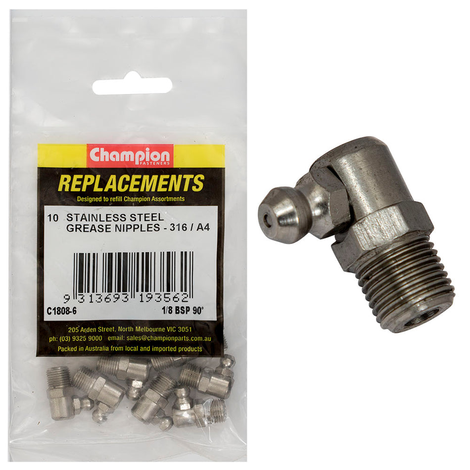 Champion Grease Nipple Stainless 1/8in BSP 90Deg.316/A4-10pk