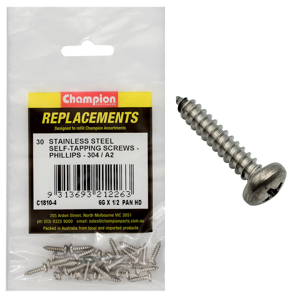 Champion 6G x 1/2 S/Tappg Screw Pan Hd Phillips 304/A2 -30pk | ISL