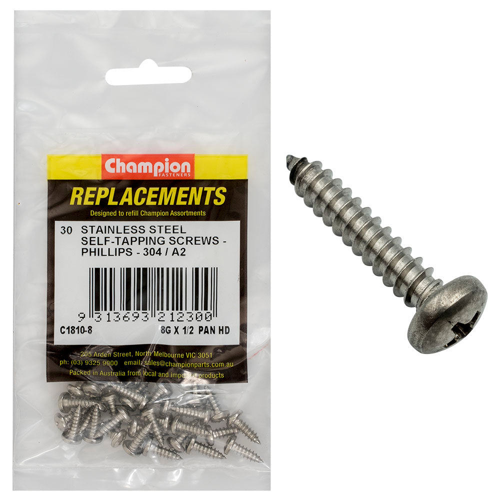 Champion 8G x 1/2 S/Tappg Screw Pan Hd Phillips 304/A2 -30pk | ISL
