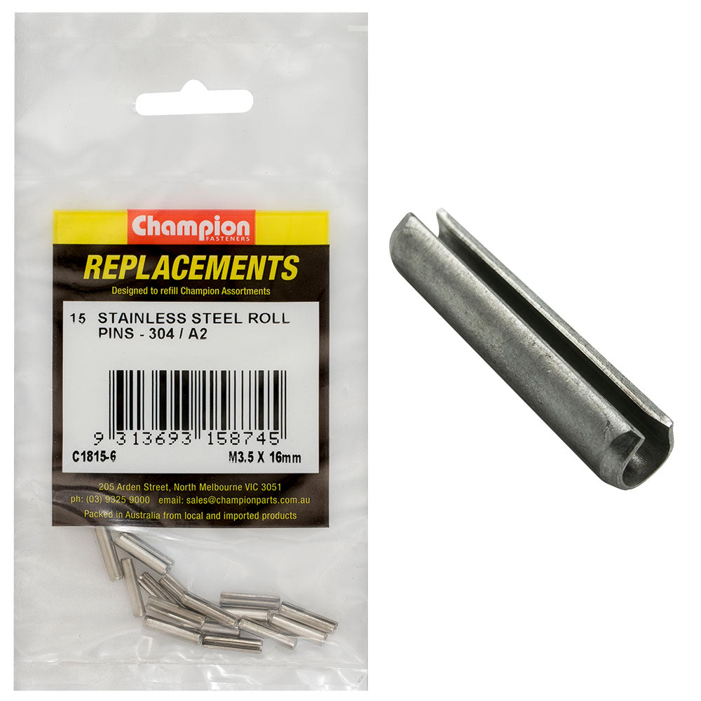 Champion 3.5mm x 16mm Stainless Roll Pin 304/A2 -15pk
