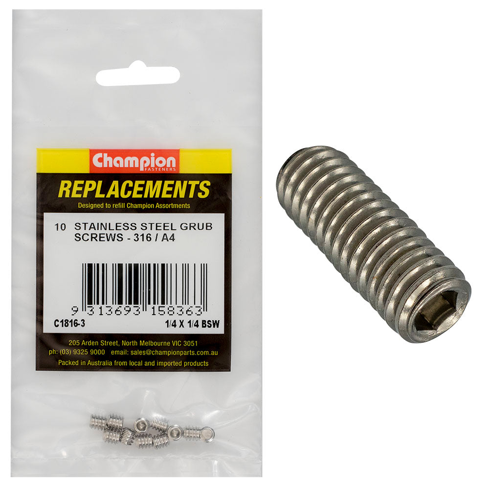 Champion 1/4in x 1/4in BSW Grub Screw 316/A4 -10pk