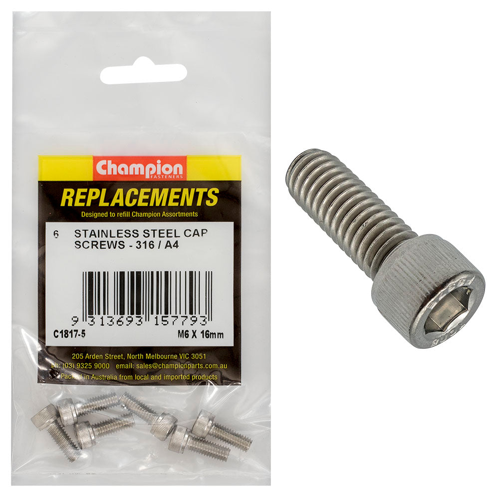 Champion M6 x 16mm Socket Cap Screw 316/A4 -6pk | ISL