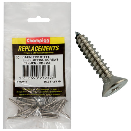 Champion 8G x1in S/Tapping Screw Csk Hd Phillips 304/A2-30pk | ISL