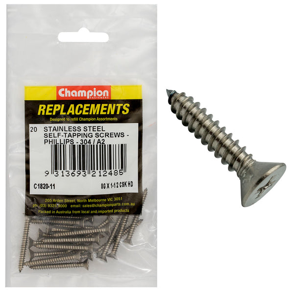 Champion 8G x 1-1/2in S/Tapping Screw Csk Hd PH 304/A2-20pk