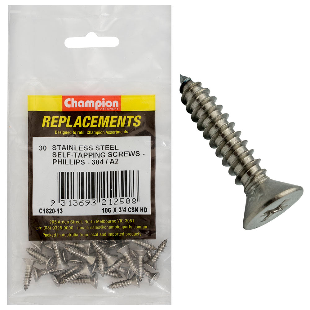 Champion 10G x 3/4in S/Tapping Screw Csk Hd Phillips 304/A2
