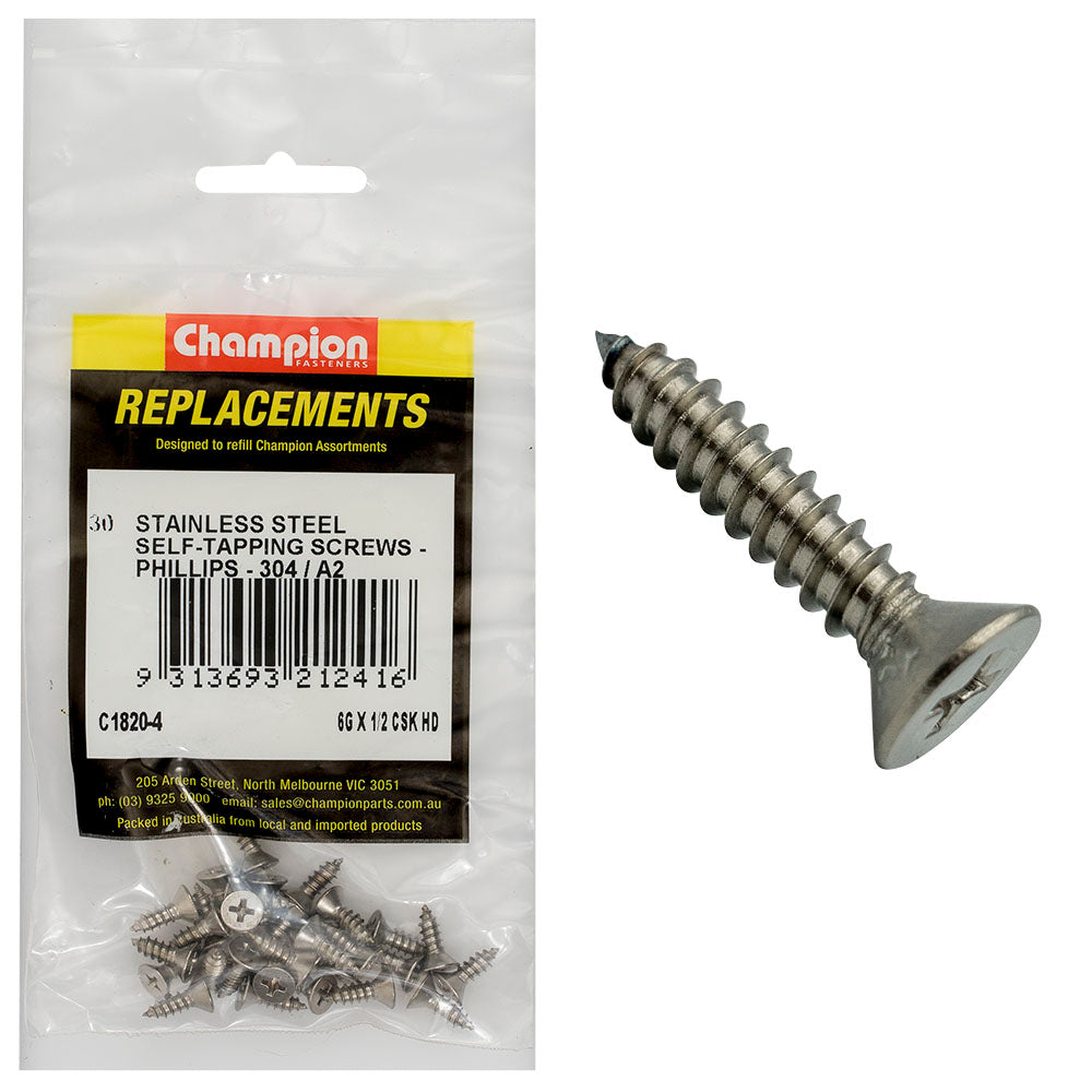 Champion 6G x 1/2 S/Tappg Screw Csk Hd Phillips 304/A2 -30pk | ISL