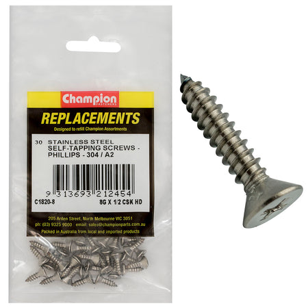 Champion 8G x 1/2 S/Tappg Screw Csk Hd Phillips 304/A2 -30pk | ISL