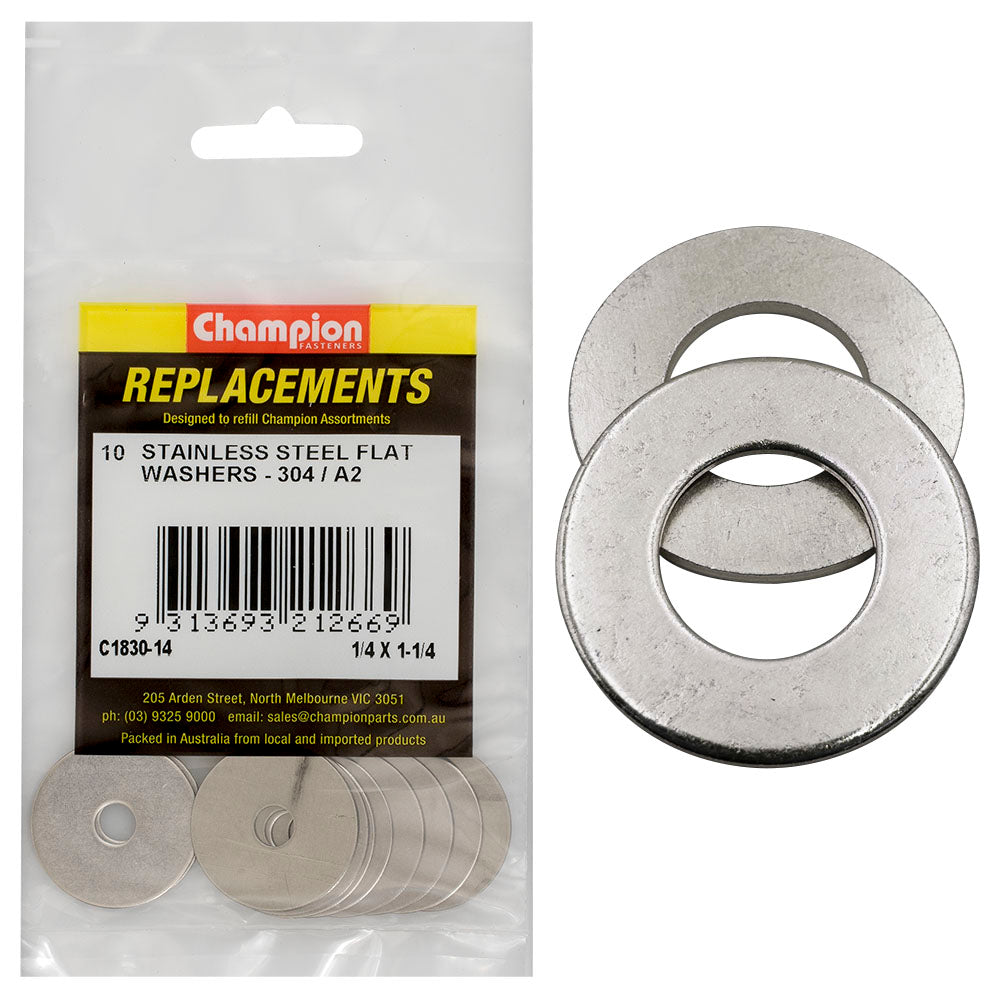 Champion 1/4in x 1-1/4in Stainless Flat Washer 304/A2 -10pk