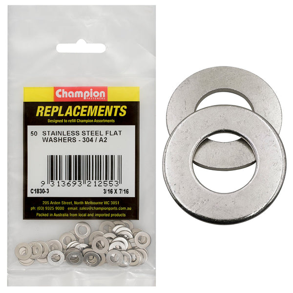 Champion 3/16in x 7/16in Stainless Flat Washer 304/A2 -50pk