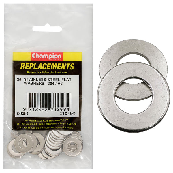 Champion 3/8in x 13/16in Stainless Flat Washer 304/A2 -25pk