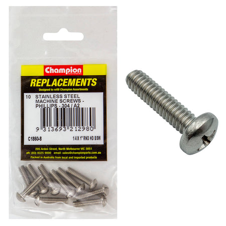 Champion 1/4in x 1in BSW Machine Screw Pan Ph 304/A2 -10pk | ISL