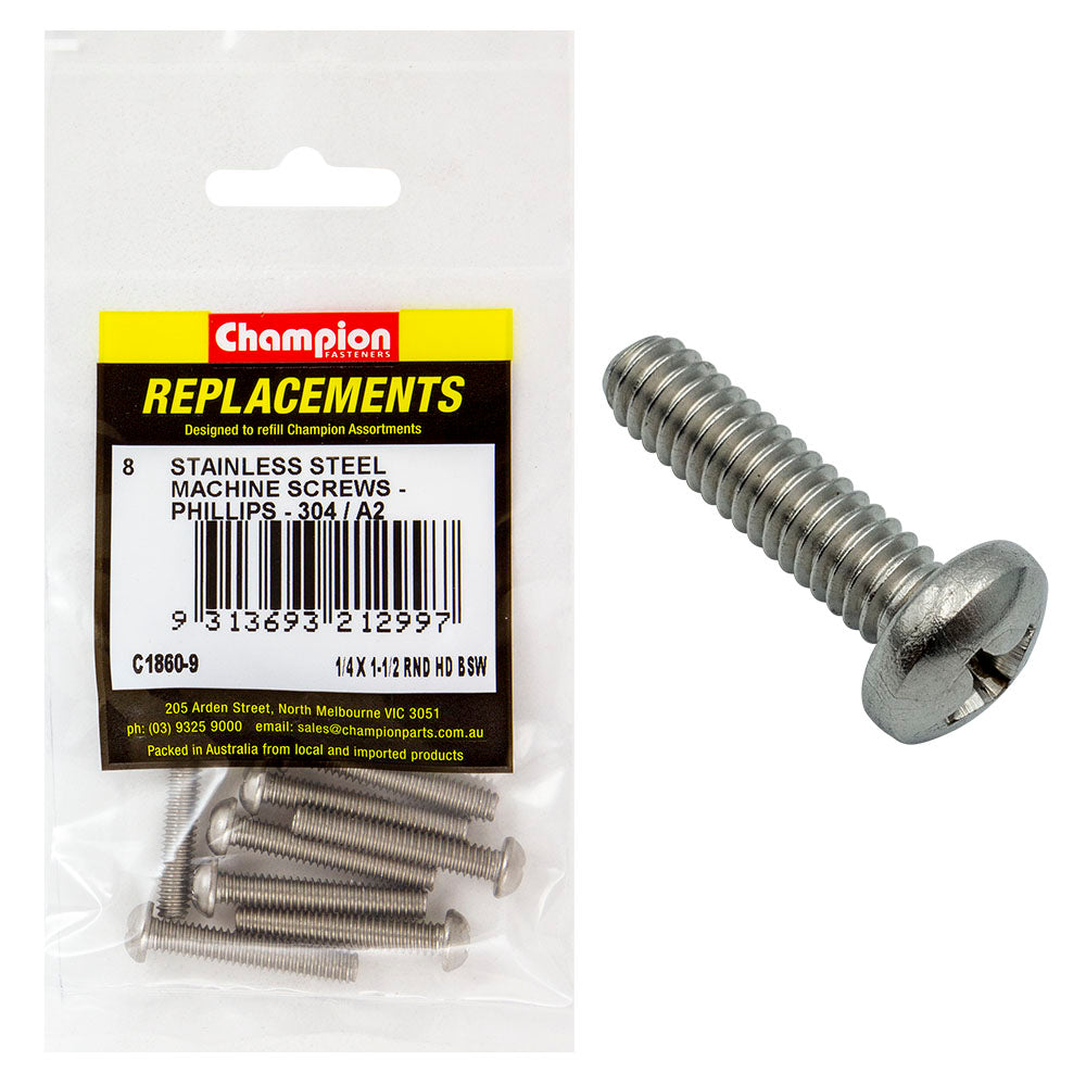 Champion 1/4in x 1-1/2in BSW Machine Screw Pan Ph 304/A2-8pk
