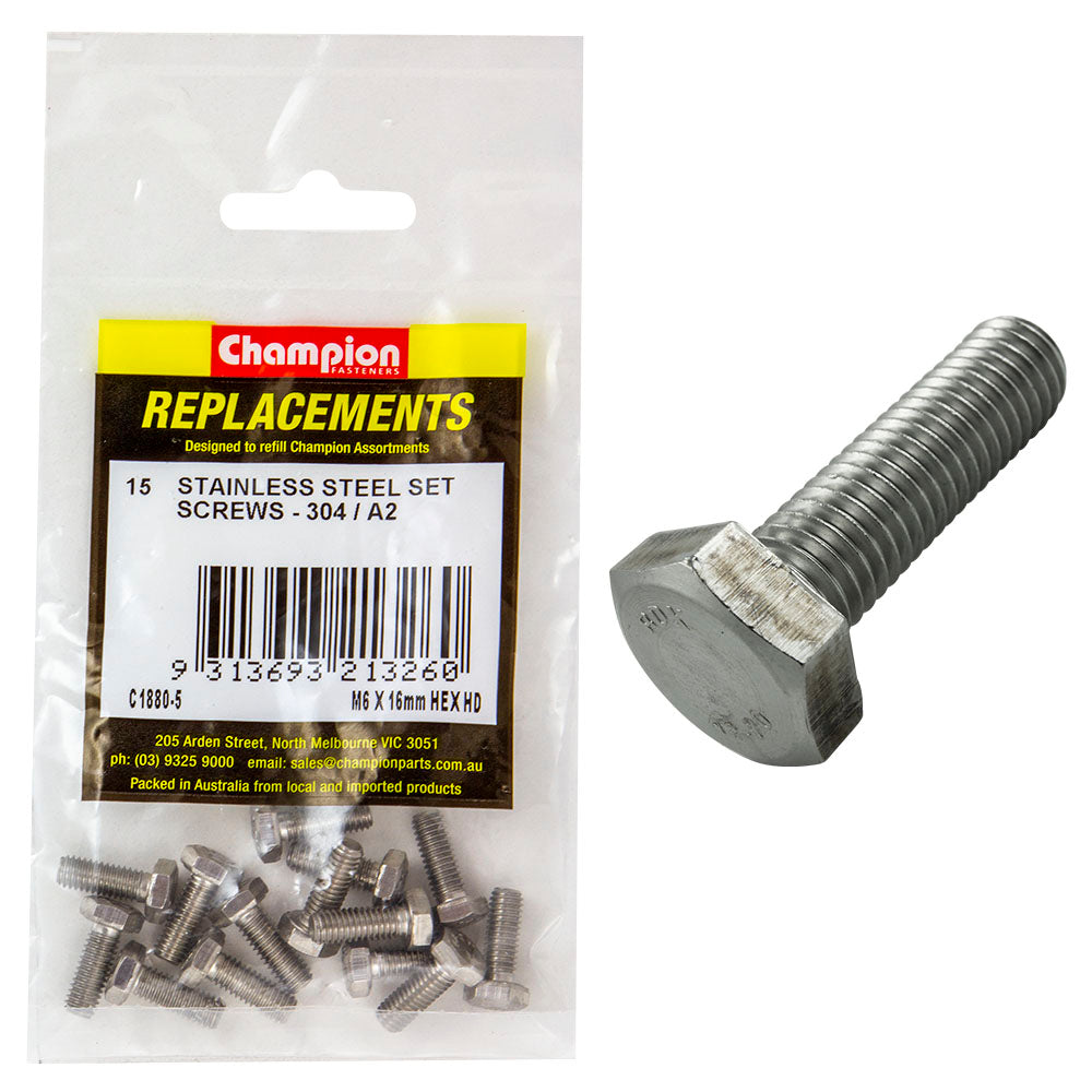 Champion M6 x 16mm Stainless Set Screw 304/A2 -15pk | ISL