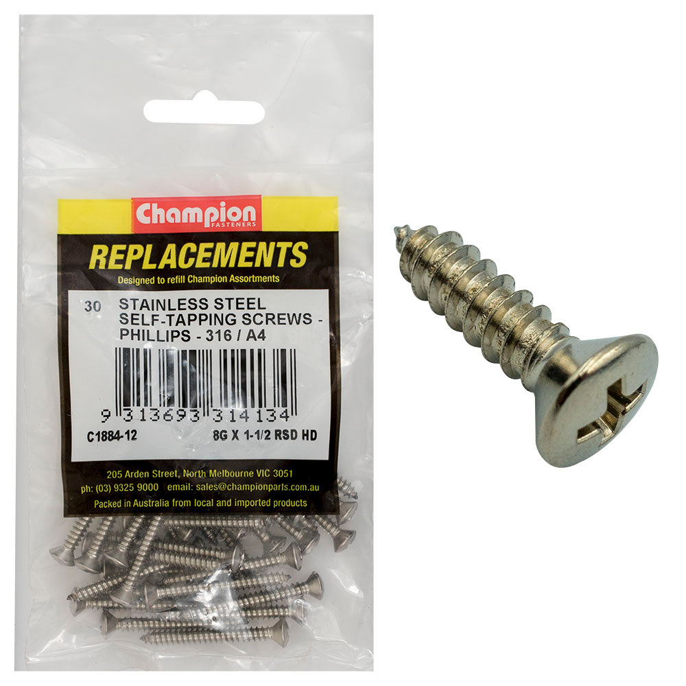 Champion 8G x 1-1/2in S/Tapping Screw -Rsd -Ph -316/A4 -30pk | ISL