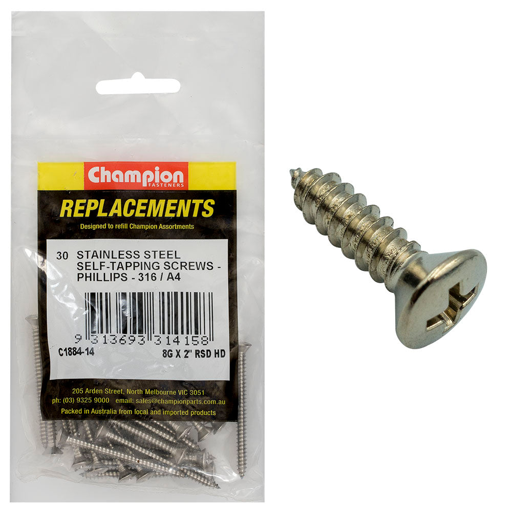 Champion 8G x 2in S/Tapping Screw -Rsd -Ph -316/A4 -30pk | ISL