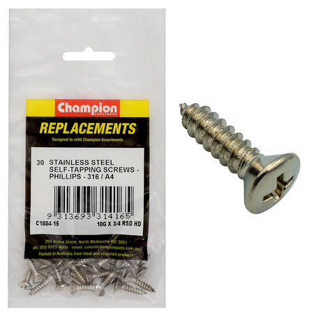Champion 10G x 3/4in S/Tapping Screw -Rsd -Ph -316/A4 -30pk | ISL