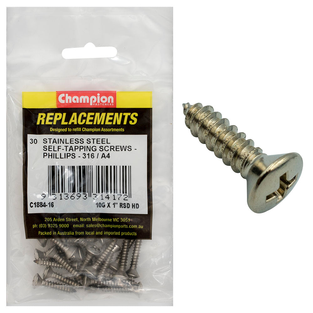Champion 10G x 1in S/Tapping Screw -Rsd -Ph -316/A4 -30pk | ISL