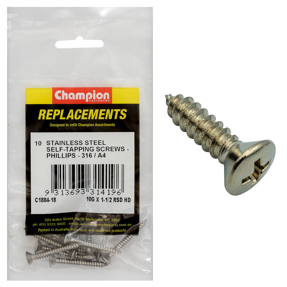 Champion 10G x 1-1/2in S/Tapping Screw-Rsd-Ph-316/A4-10pk | ISL