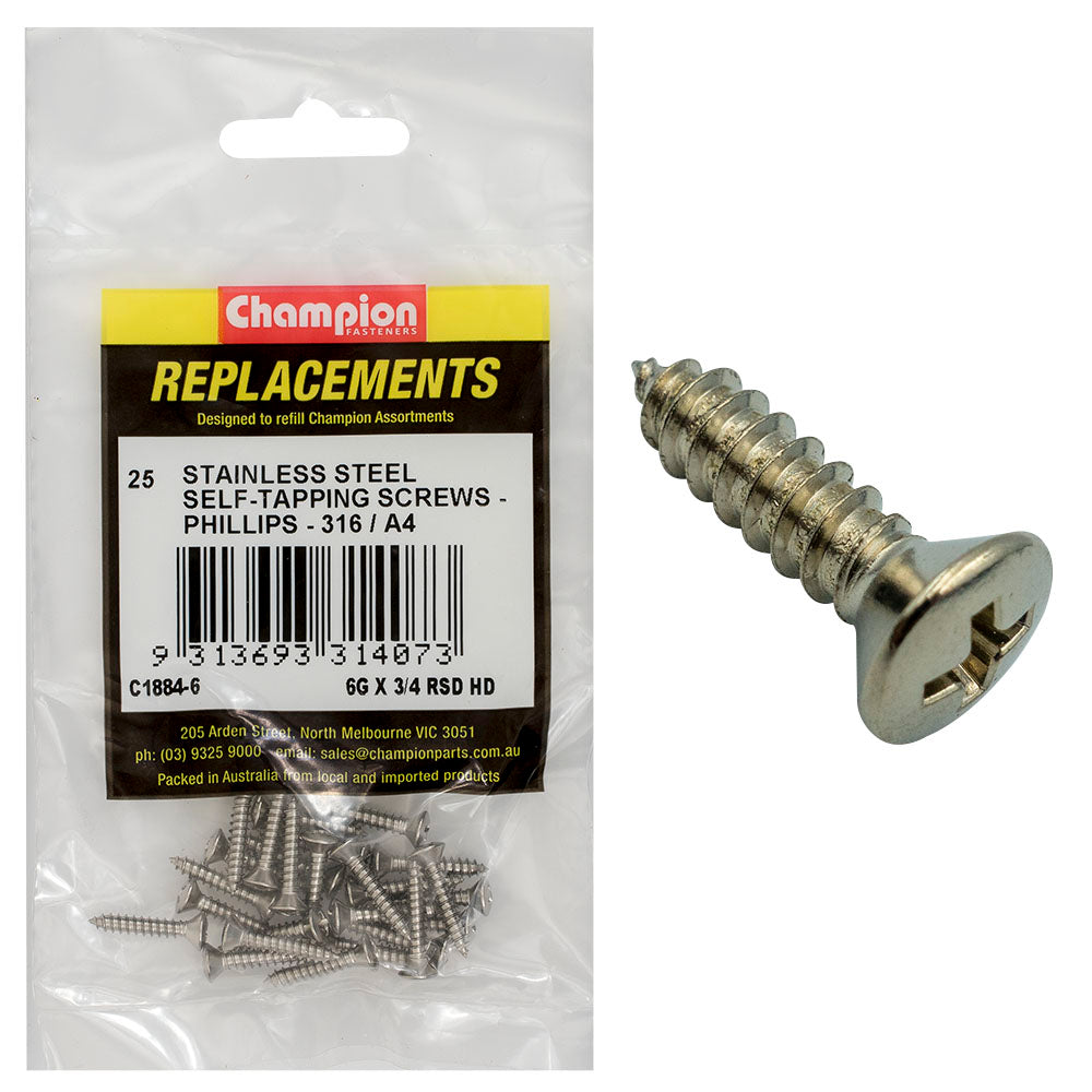 Champion 6G x 3/4in S/Tapping Screw -Rsd -Ph -316/A4 -25pk | ISL