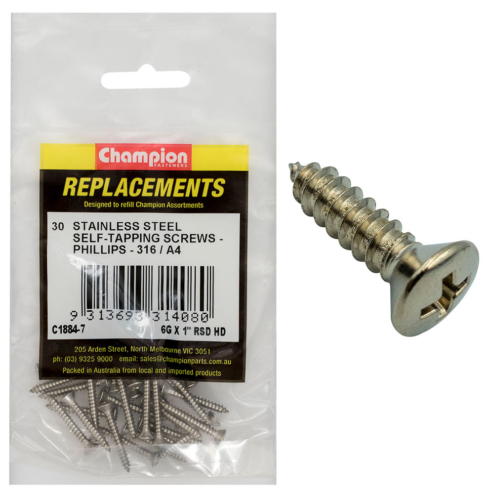 Champion 6G x 1in S/Tapping Screw -Rsd -Ph -316/A4 -30pk