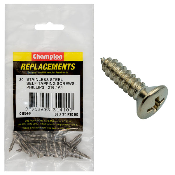 Champion 8G x 3/4in S/Tapping Screw -Rsd -Ph -316/A4 -30pk