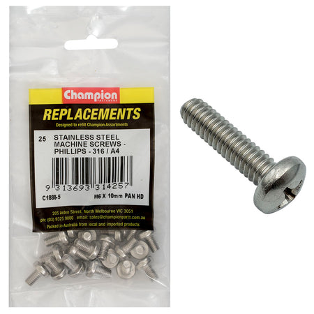 Champion M6 x 10mm Machine Screw -Pan -Ph -316/A4 -25pk | ISL