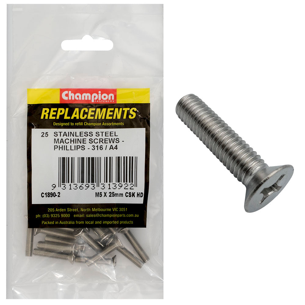 Champion M5 x 25mm Machine Screw -Csk -Ph -316/A4 -25pk | ISL