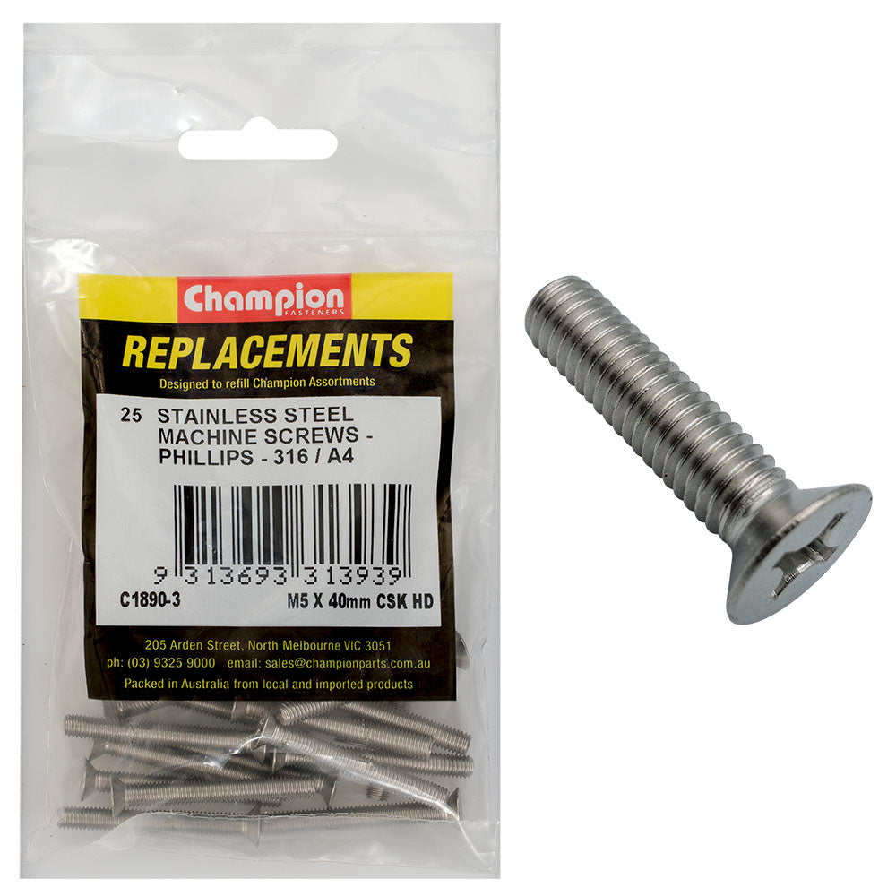 Champion M5 x 40mm Machine Screw -Csk -Ph -316/A4 -25pk | ISL