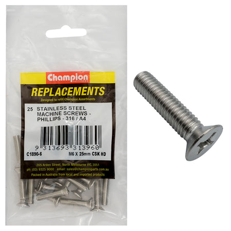 Champion M6 x 25mm Machine Screw -Csk -Ph -316/A4 -25pk | ISL