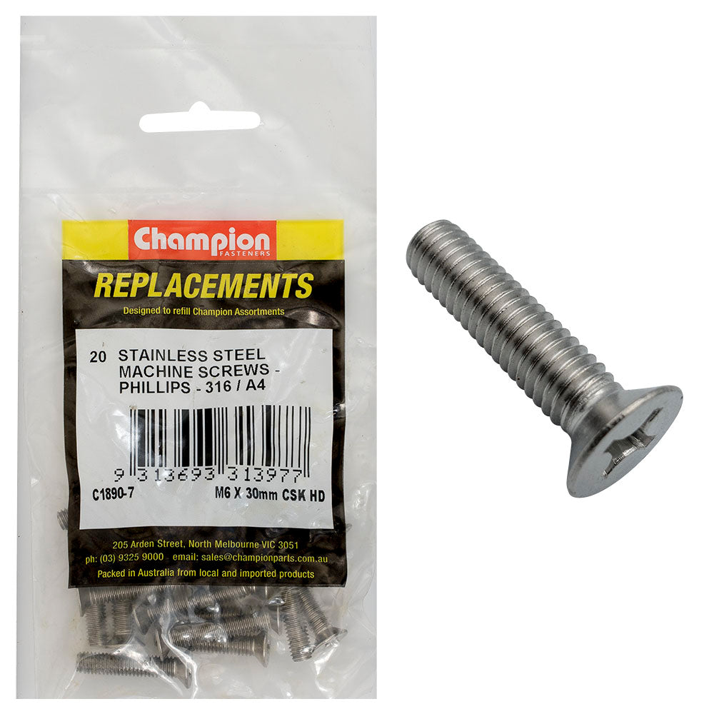 Champion M6 x 30mm Machine Screw -Csk -Ph -316/A4 -20pk | ISL