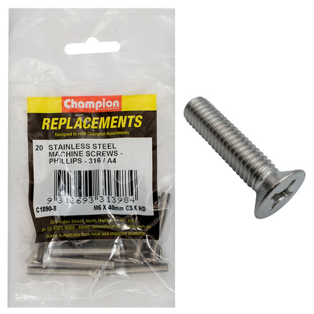Champion M6 x 40mm Machine Screw -Csk -Ph -316/A4 -20pk | ISL