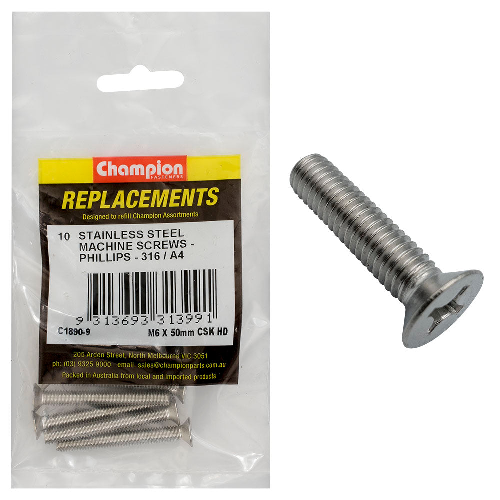 Champion M6 x 50mm Machine Screw -Csk -Ph -316/A4 -10pk | ISL