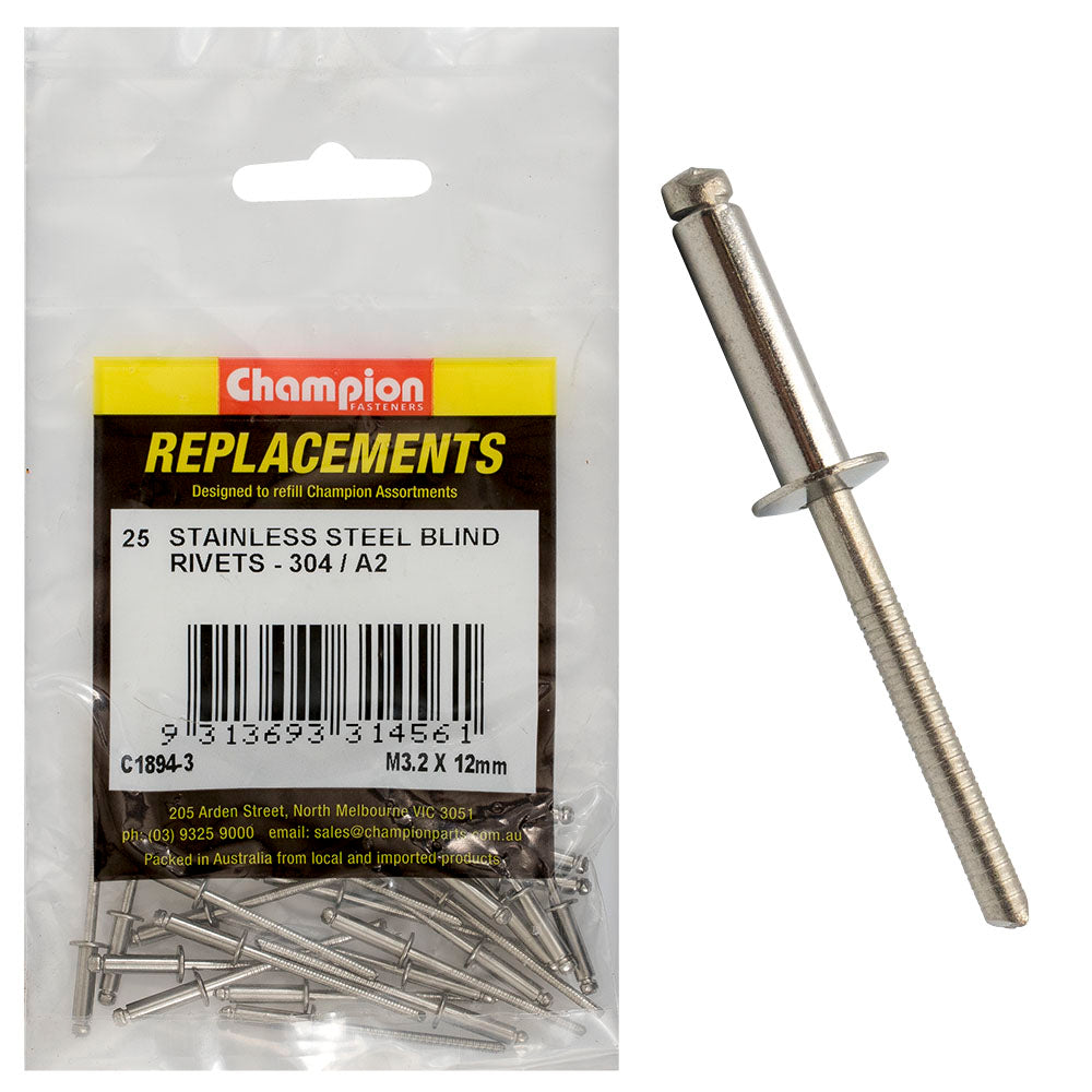 Champion 3.2mm x 12mm Blind Rivet -304/A2 -25pk | ISL