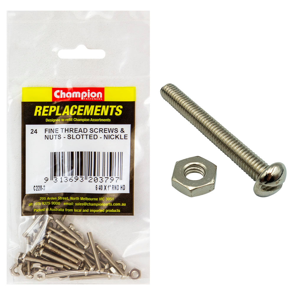 Champion 6/40 x 1in UNF Rnd Hd Machine Screw & Nut (Ni)-24pk | ISL