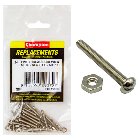 Champion 6/40 x 1in UNF Rnd Hd Machine Screw & Nut (Ni)-24pk | ISL