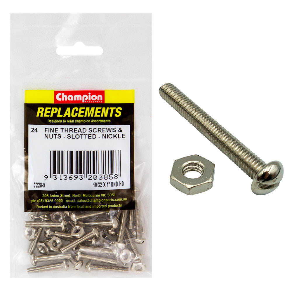 Champion 10/32 x 1in UNF Rnd Hd Machine Screw & Nut -24pk | ISL