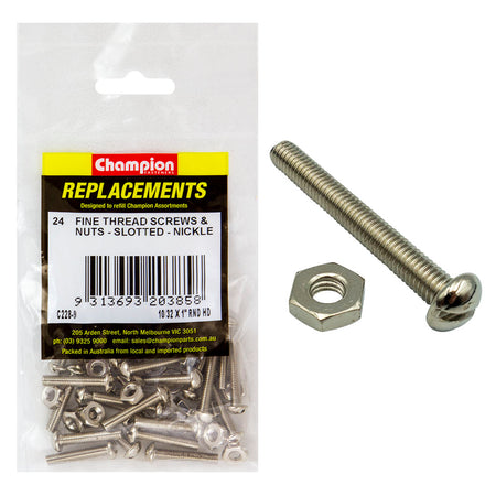 Champion 10/32 x 1in UNF Rnd Hd Machine Screw & Nut -24pk | ISL