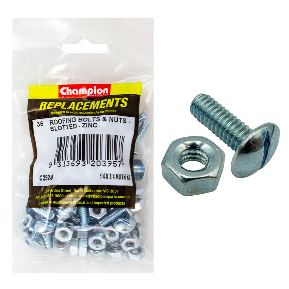 Champion 1/4in x 3/4in UNC Roofing Set Screw & Nut (Zn)-36pk