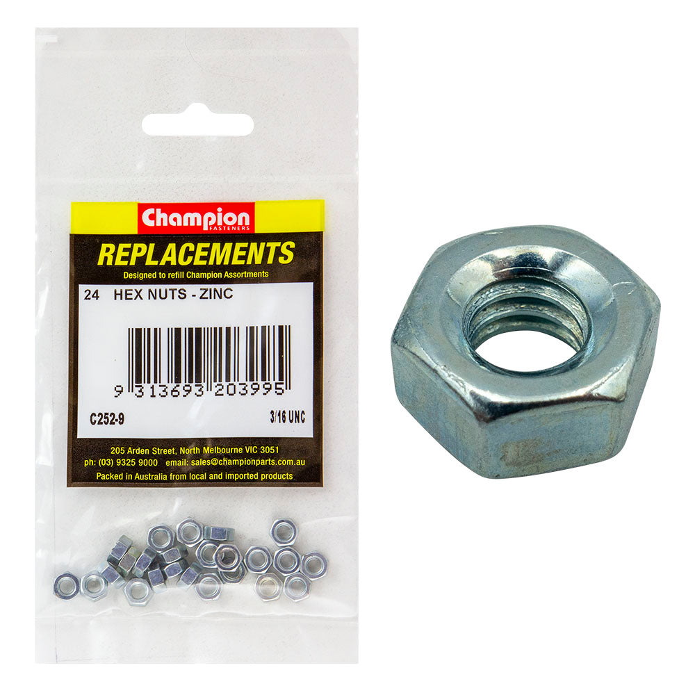 Champion 3/16in UNC Hexagon Nut (Zn) -24pk | ISL