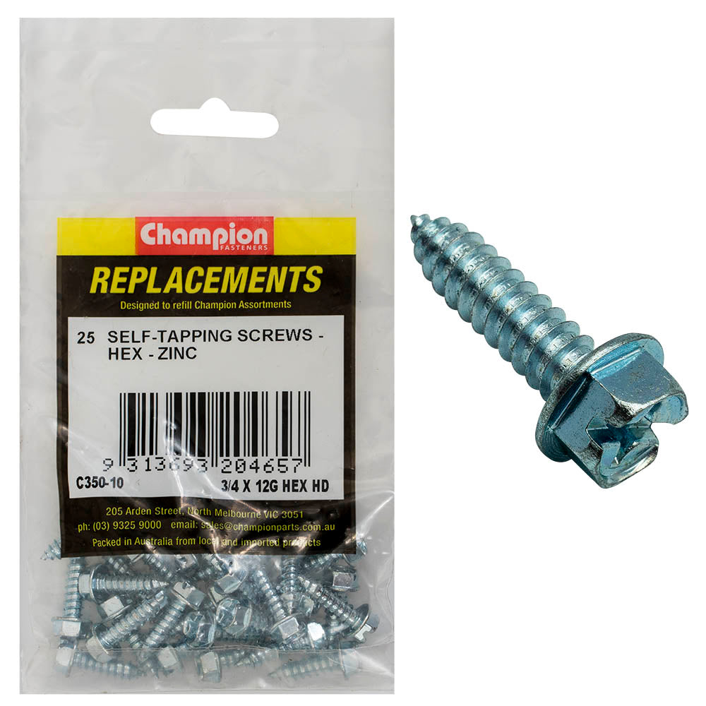 Champion 12G x 3/4in S/Tapping Screw Hex Head Phillips -25pk – 12g X 3/4in S/Tapping Screw Hex Head Phillips - 25 Pack | ISL