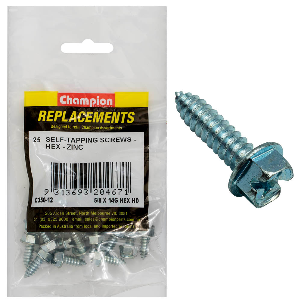 Champion 14G x 5/8in S/Tapping Screw Hex Head Phillips -25pk – 14g X 5/8in S/Tapping Screw Hex Head Phillips - 25 Pack | ISL