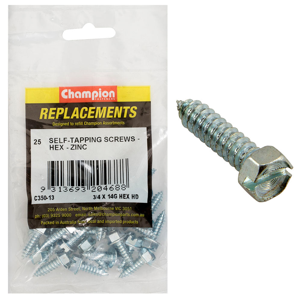 Champion 14G x 3/4in S/Tapping Screw Hex Head Phillips -25pk – 14g X 3/4in S/Tapping Screw Hex Head Phillips - 25 Pack | ISL