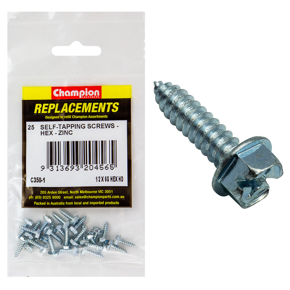 Champion 12G x 1in S/Tapping Screw Hex Head Phillips - 100pk