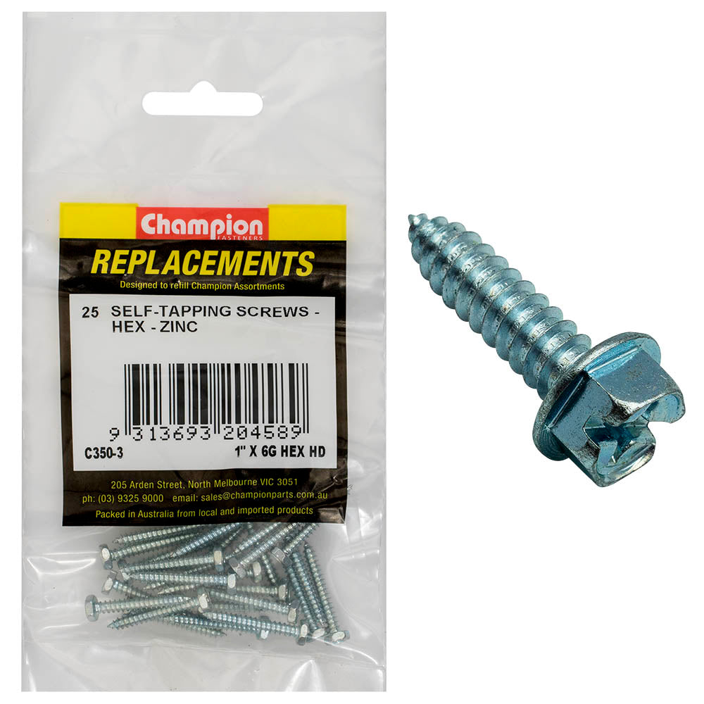 Champion 6G x 1in S/Tapping Screw Hex Head Phillips -25pk | ISL
