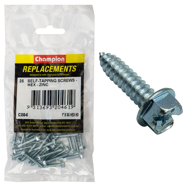 Champion 8G x 1in S/Tapping Screw Hex Head Phillips -25pk