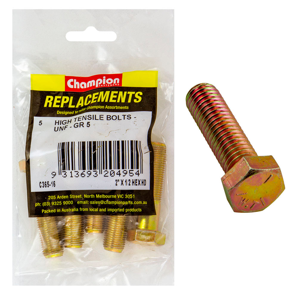 Champion 1/2in x 2in UNF Bolt -Gr5 -5pk | ISL
