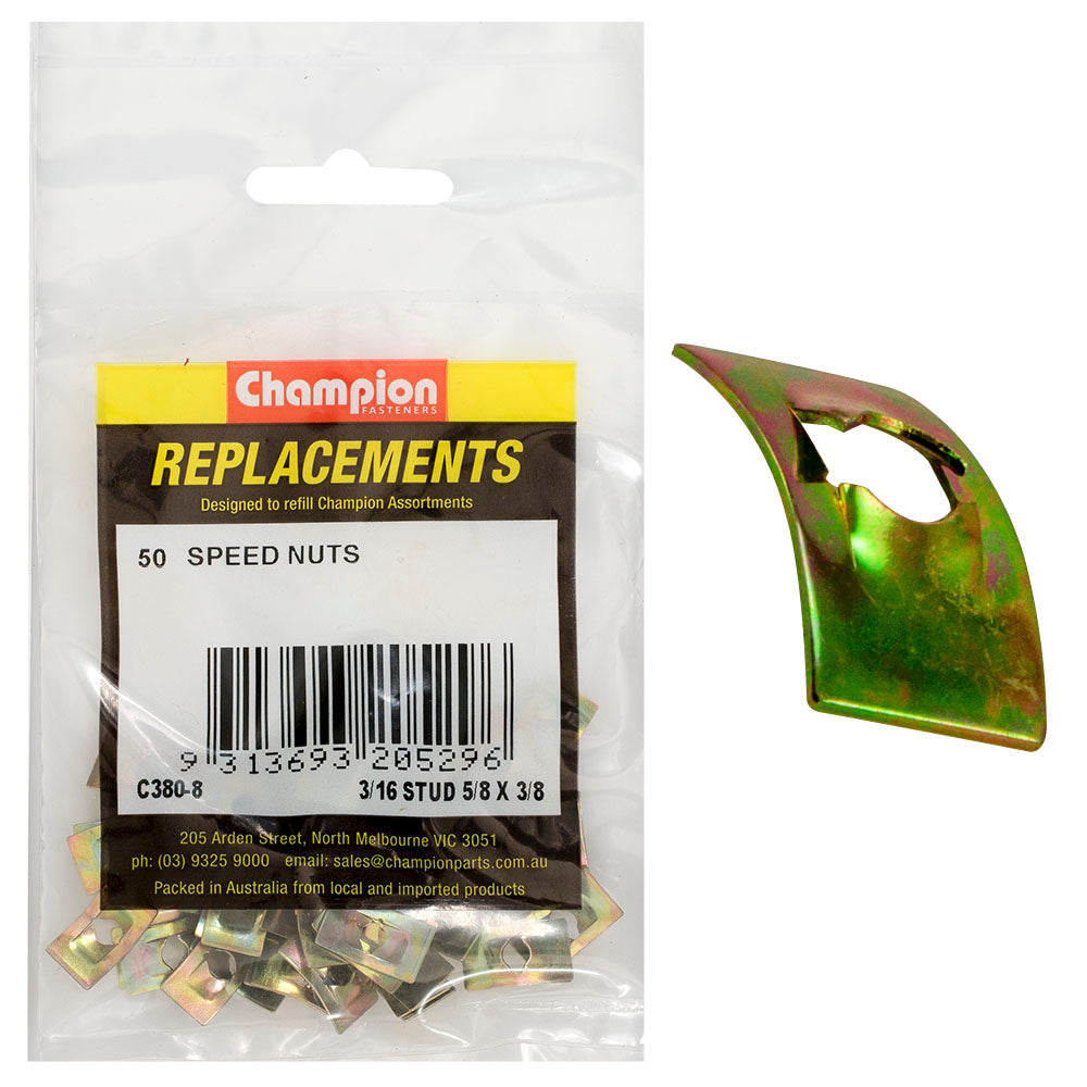 Champion 3/16in Dia. x 5/8in x 3/8in Push-On Speed Nut -50pk – 3/16in Dia. X 5/8in X 3/8in Push-On Speed Nut - 50 Pack | ISL
