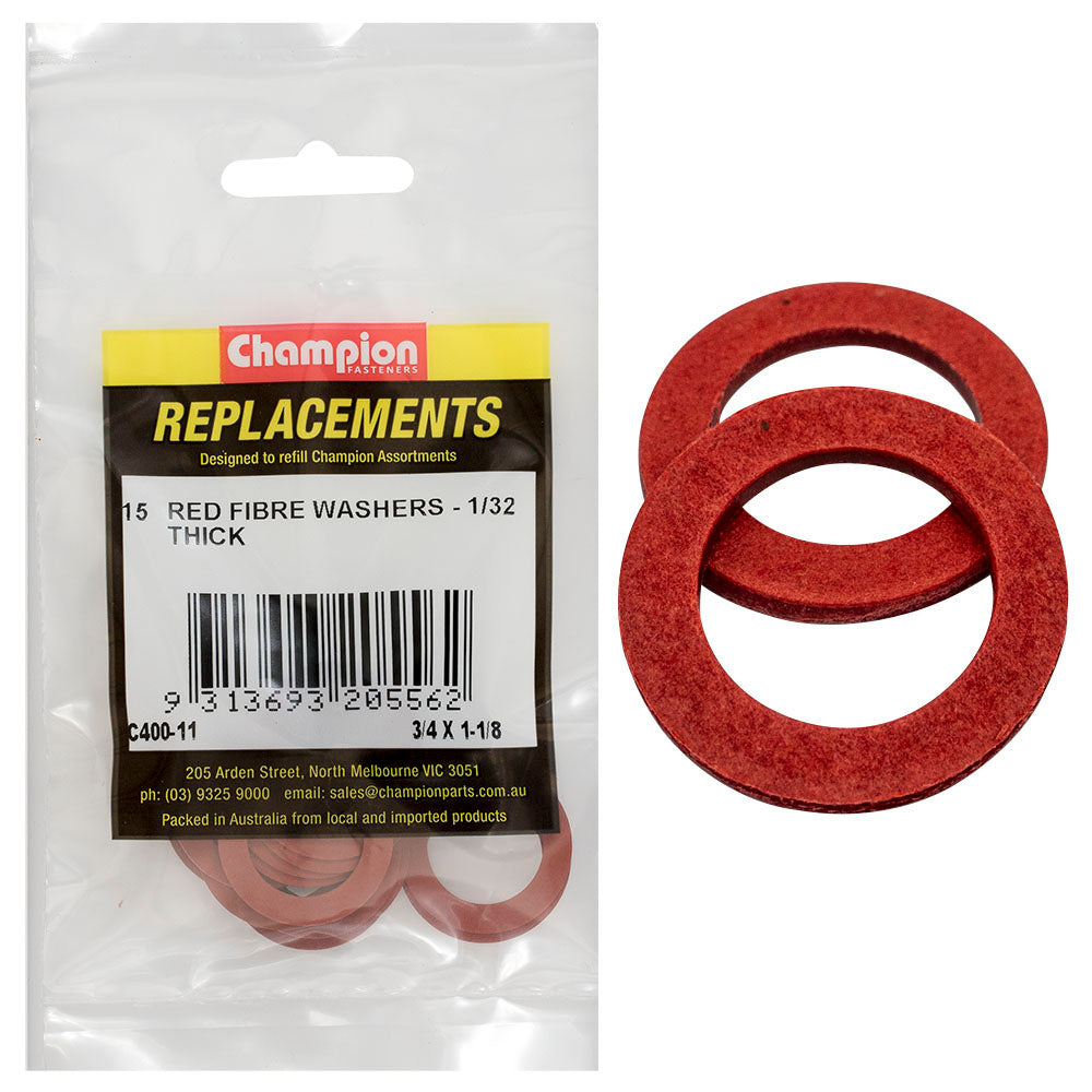Champion 3/4in x 1-1/8in x 1/32in Red Fibre Washer -15pk