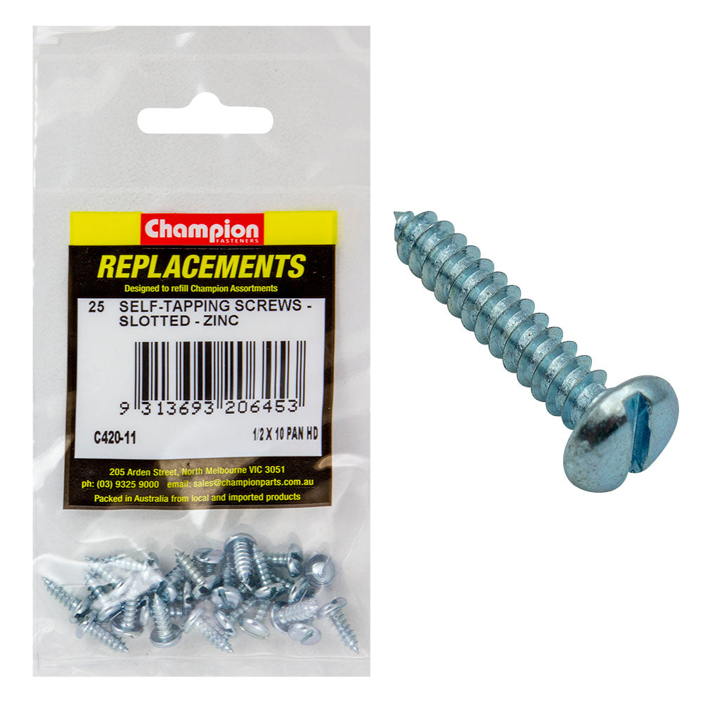 Champion 10G x 1/2in S/Tapping Screw Pan Head Slotted -25pk – 10g X 1/2in S/Tapping Screw Pan Head Phillips - 25 Pack | ISL