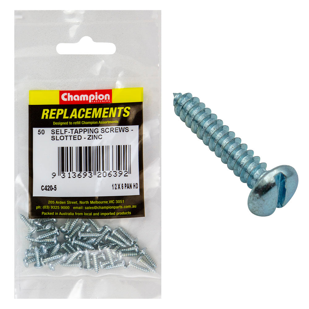 Champion 6G x 1/2in S/Tapping Screw Pan Head Slotted -50pk – 6g X 1/2in S/Tapping Screw Pan Head Phillips - 50 Pack | ISL